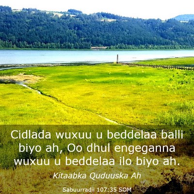 Picture 03 - Sabuurradii 107:35 SOM - Cidlada wuxuu u beddelaa balli biyo ah, Oo dhul - Bible Verse Picture