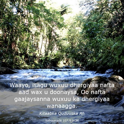 Picture 03 - Sabuurradii 107:9 SOM - Waayo, isagu wuxuu dhergiyaa nafta aad wax u - Bible Verse Picture