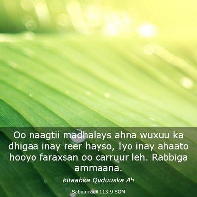 Picture 03 - Sabuurradii 113:9 SOM - Oo naagtii madhalays ahna wuxuu ka dhigaa inay - Bible Verse Picture