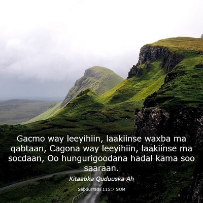 Picture 03 - Sabuurradii 115:7 SOM - Gacmo way leeyihiin, laakiinse waxba ma qabtaan, - Bible Verse Picture