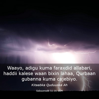 Picture 03 - Sabuurradii 51:16 SOM - Waayo, adigu kuma faraxdid allabari, haddii - Bible Verse Picture