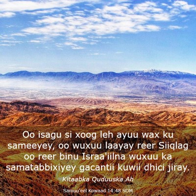 Picture 03 - Samuu'eel Kowaad 14:48 SOM - Oo isagu si xoog leh ayuu wax ku sameeyey, oo - Bible Verse Picture