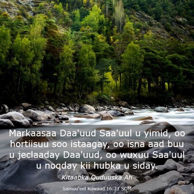 Picture 03 - Samuu'eel Kowaad 16:21 SOM - Markaasaa Daa'uud Saa'uul u yimid, oo hortiisuu - Bible Verse Picture