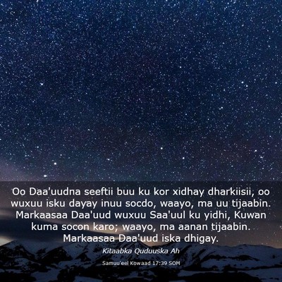 Picture 03 - Samuu'eel Kowaad 17:39 SOM - Oo Daa'uudna seeftii buu ku kor xidhay - Bible Verse Picture