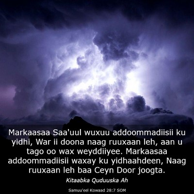 Picture 03 - Samuu'eel Kowaad 28:7 SOM - Markaasaa Saa'uul wuxuu addoommadiisii ku yidhi, - Bible Verse Picture