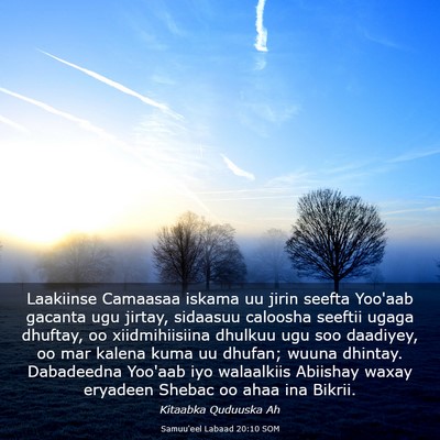 Picture 03 - Samuu'eel Labaad 20:10 SOM - Laakiinse Camaasaa iskama uu jirin seefta Yoo'aab - Bible Verse Picture