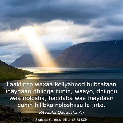 Picture 03 - Sharciga Kunoqoshadiisa 12:23 SOM - Laakiinse waxaa keliyahood hubsataan inaydaan - Bible Verse Picture