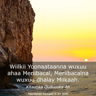 Picture 03 - Taariikhdii Kowaad 8:34 SOM - Wiilkii Yoonaataanna wuxuu ahaa Meriibacal, - Bible Verse Picture