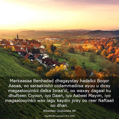 Picture 03 - Taariikhdii Labaad 16:4 SOM - Markaasaa Benhadad dhegaystay hadalkii Boqor - Bible Verse Picture