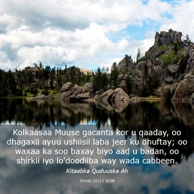 Picture 03 - Tirintii 20:11 SOM - Kolkaasaa Muuse gacanta kor u qaaday, oo dhagaxii - Bible Verse Picture