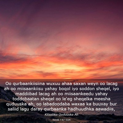 Picture 03 - Tirintii 7:67 SOM - Oo qurbaankiisiina wuxuu ahaa saxan weyn oo lacag - Bible Verse Picture