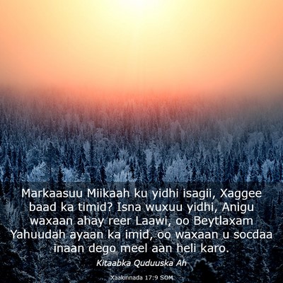 Picture 03 - Xaakinnada 17:9 SOM - Markaasuu Miikaah ku yidhi isagii, Xaggee baad ka - Bible Verse Picture