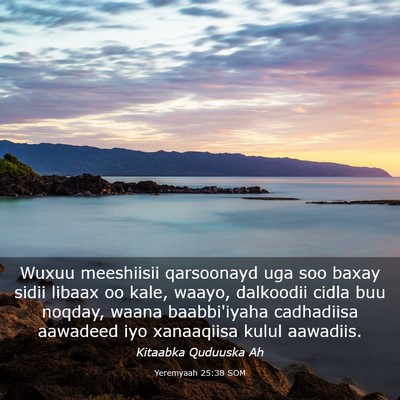 Picture 03 - Yeremyaah 25:38 SOM - Wuxuu meeshiisii qarsoonayd uga soo baxay sidii - Bible Verse Picture