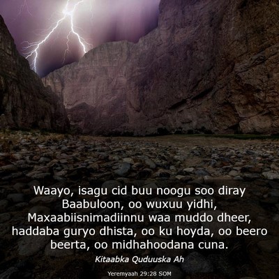 Picture 03 - Yeremyaah 29:28 SOM - Waayo, isagu cid buu noogu soo diray Baabuloon, - Bible Verse Picture