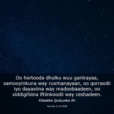 Picture 03 - Yoo'eel 2:10 SOM - Oo hortooda dhulku wuu gariirayaa, samooyinkuna - Bible Verse Picture
