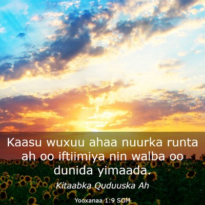 Picture 03 - Yooxanaa 1:9 SOM - Kaasu wuxuu ahaa nuurka runta ah oo iftiimiya nin - Bible Verse Picture