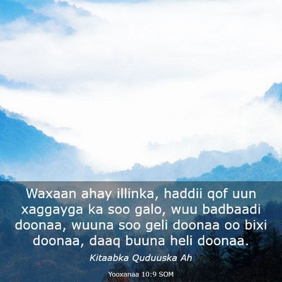 Picture 03 - Yooxanaa 10:9 SOM - Waxaan ahay illinka, haddii qof uun xaggayga ka - Bible Verse Picture