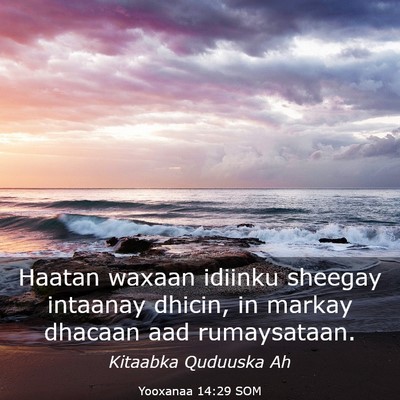 Picture 03 - Yooxanaa 14:29 SOM - Haatan waxaan idiinku sheegay intaanay dhicin, in - Bible Verse Picture