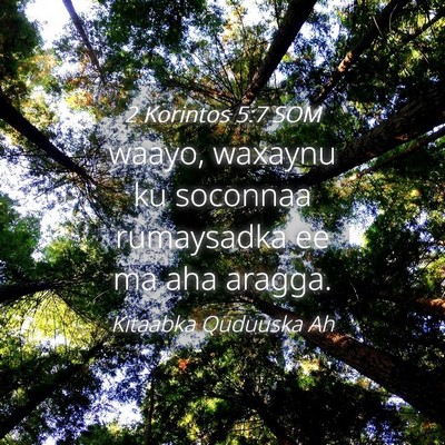 Picture 04 - 2 Korintos 5:7 SOM - waayo, waxaynu ku soconnaa rumaysadka ee ma aha - Bible Verse Picture