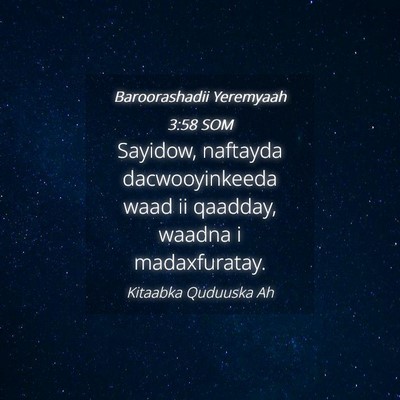 Picture 04 - Baroorashadii Yeremyaah 3:58 SOM - Sayidow, naftayda dacwooyinkeeda waad ii qaadday, - Bible Verse Picture