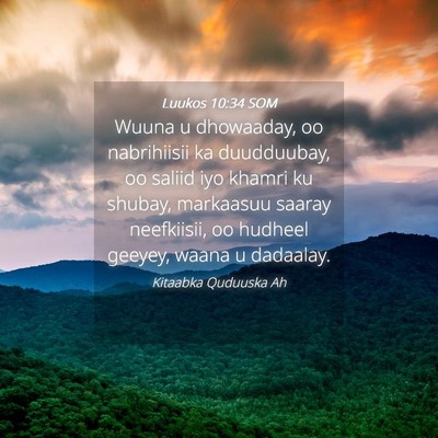 Picture 04 - Luukos 10:34 SOM - Wuuna u dhowaaday, oo nabrihiisii ka duudduubay, - Bible Verse Picture