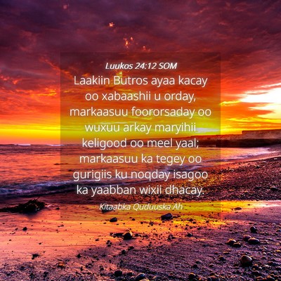 Picture 04 - Luukos 24:12 SOM - Laakiin Butros ayaa kacay oo xabaashii u orday, - Bible Verse Picture