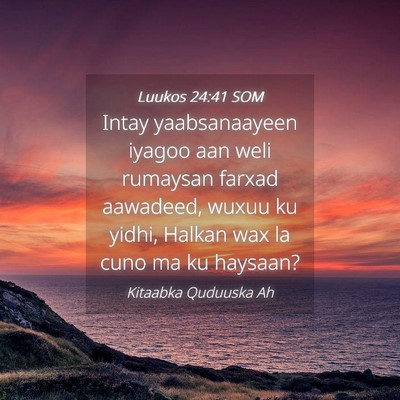 Picture 04 - Luukos 24:41 SOM - Intay yaabsanaayeen iyagoo aan weli rumaysan - Bible Verse Picture