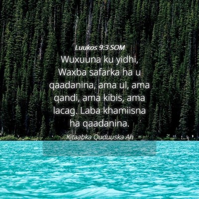 Picture 04 - Luukos 9:3 SOM - Wuxuuna ku yidhi, Waxba safarka ha u qaadanina, - Bible Verse Picture