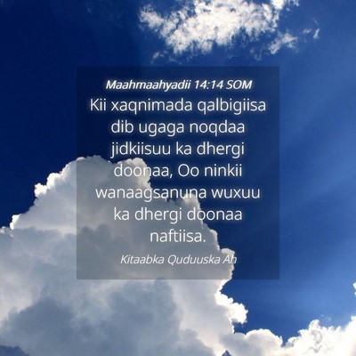 Picture 04 - Maahmaahyadii 14:14 SOM - Kii xaqnimada qalbigiisa dib ugaga noqdaa - Bible Verse Picture