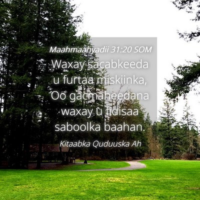 Picture 04 - Maahmaahyadii 31:20 SOM - Waxay sacabkeeda u furtaa miskiinka, Oo - Bible Verse Picture