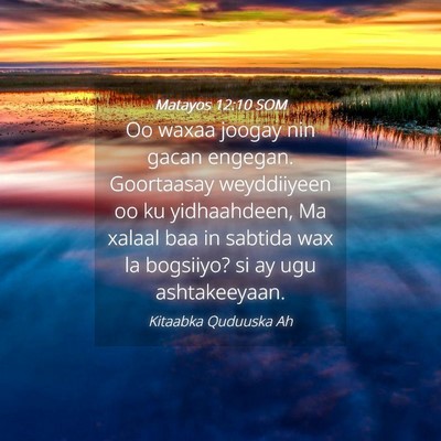 Picture 04 - Matayos 12:10 SOM - Oo waxaa joogay nin gacan engegan. Goortaasay - Bible Verse Picture