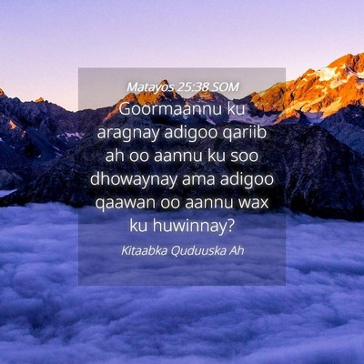 Picture 04 - Matayos 25:38 SOM - Goormaannu ku aragnay adigoo qariib ah oo aannu - Bible Verse Picture
