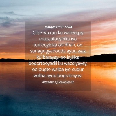 Picture 04 - Matayos 9:35 SOM - Ciise wuxuu ku wareegay magaalooyinka iyo - Bible Verse Picture
