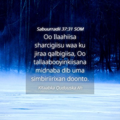 Picture 04 - Sabuurradii 37:31 SOM - Oo Ilaahiisa sharcigiisu waa ku jiraa qalbigiisa, - Bible Verse Picture