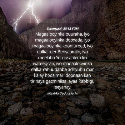 Picture 04 - Yeremyaah 33:13 SOM - Magaalooyinka buuraha, iyo magaalooyinka dooxada, - Bible Verse Picture