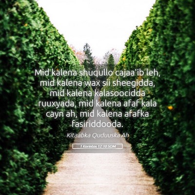 Picture 05 - 1 Korintos 12:10 SOM - Mid kalena shuqullo cajaa'ib leh, mid kalena wax - Bible Verse Picture
