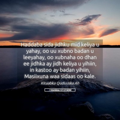 Picture 05 - 1 Korintos 12:12 SOM - Haddaba sida jidhku mid keliya u yahay, oo uu - Bible Verse Picture