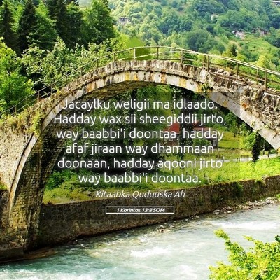 Picture 05 - 1 Korintos 13:8 SOM - Jacaylku weligii ma idlaado. Hadday wax sii - Bible Verse Picture