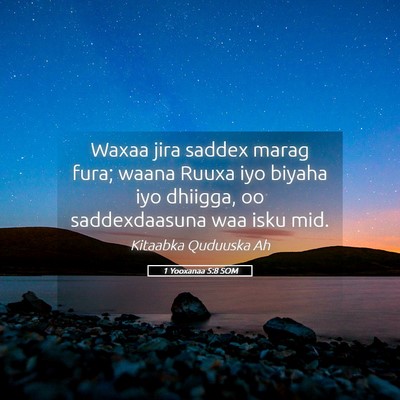 Picture 05 - 1 Yooxanaa 5:8 SOM - Waxaa jira saddex marag fura; waana Ruuxa iyo - Bible Verse Picture