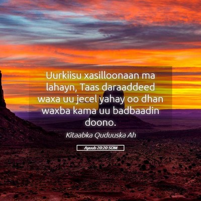 Picture 05 - Ayuub 20:20 SOM - Uurkiisu xasilloonaan ma lahayn, Taas daraaddeed - Bible Verse Picture