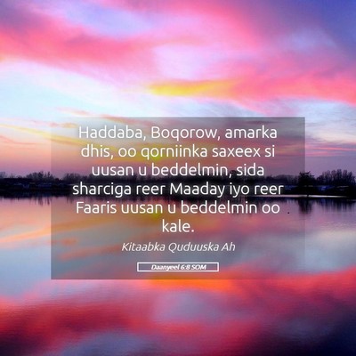 Picture 05 - Daanyeel 6:8 SOM - Haddaba, Boqorow, amarka dhis, oo qorniinka - Bible Verse Picture