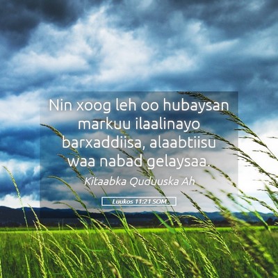 Picture 05 - Luukos 11:21 SOM - Nin xoog leh oo hubaysan markuu ilaalinayo - Bible Verse Picture