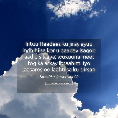 Picture 05 - Luukos 16:23 SOM - Intuu Haadees ku jiray ayuu indhihiisa kor u - Bible Verse Picture