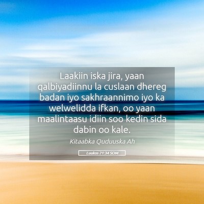 Picture 05 - Luukos 21:34 SOM - Laakiin iska jira, yaan qalbiyadiinnu la cuslaan - Bible Verse Picture