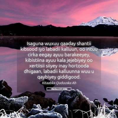 Picture 05 - Markos 6:41 SOM - Isaguna wuxuu qaaday shantii kibsood iyo labadii - Bible Verse Picture