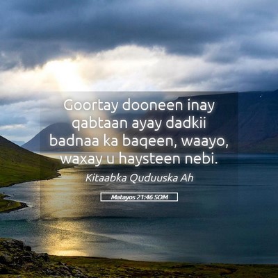 Picture 05 - Matayos 21:46 SOM - Goortay dooneen inay qabtaan ayay dadkii badnaa - Bible Verse Picture
