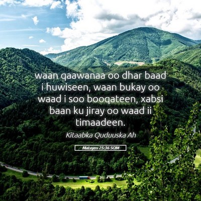 Picture 05 - Matayos 25:36 SOM - waan qaawanaa oo dhar baad i huwiseen, waan bukay - Bible Verse Picture