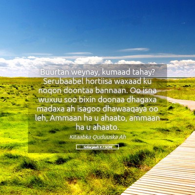 Picture 05 - Sekaryaah 4:7 SOM - Buurtan weynay, kumaad tahay? Serubaabel hortiisa - Bible Verse Picture