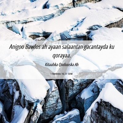 Picture 06 - 1 Korintos 16:21 SOM - Anigoo Bawlos ah ayaan salaantan gacantayda ku - Bible Verse Picture