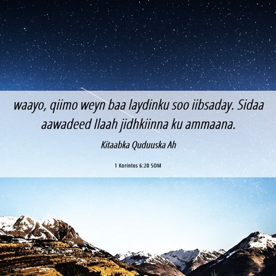 Picture 06 - 1 Korintos 6:20 SOM - waayo, qiimo weyn baa laydinku soo iibsaday. - Bible Verse Picture